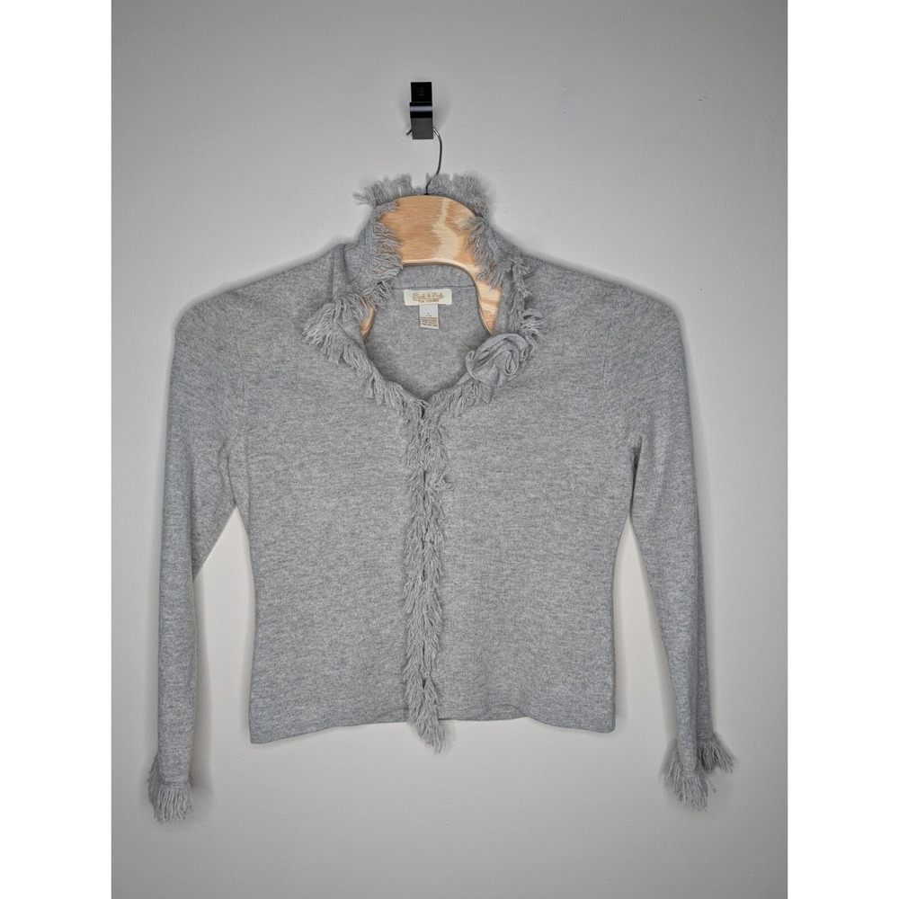 Peck & Peck  100% Pure Cashmere Cardigan Sweater Women's Large Fringe 2 Ply Gray - Picture 2 of 10